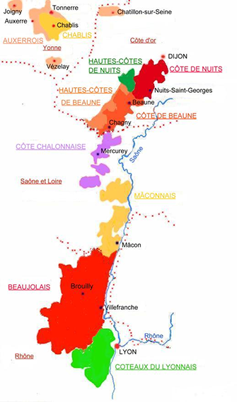 carte des régions viticoles de Bourgogne